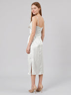 White Satin Sheath V-Neck Backless Tea-Length Pleated Bridesmaid Dress - Curvevia