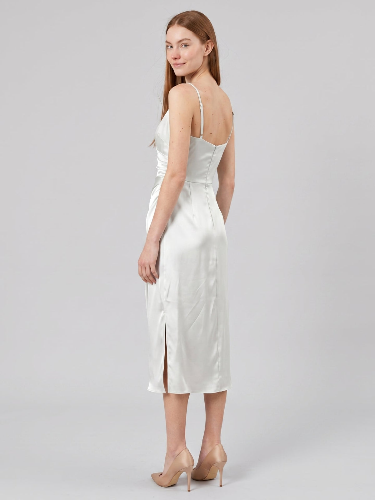 White Satin Sheath V-Neck Backless Tea-Length Pleated Bridesmaid Dress - Curvevia