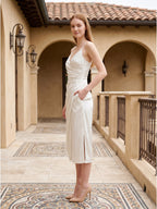 White Satin Sheath V-Neck Backless Tea-Length Pleated Bridesmaid Dress - Curvevia