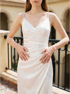 White Satin Sheath V-Neck Backless Tea-Length Pleated Bridesmaid Dress - Curvevia