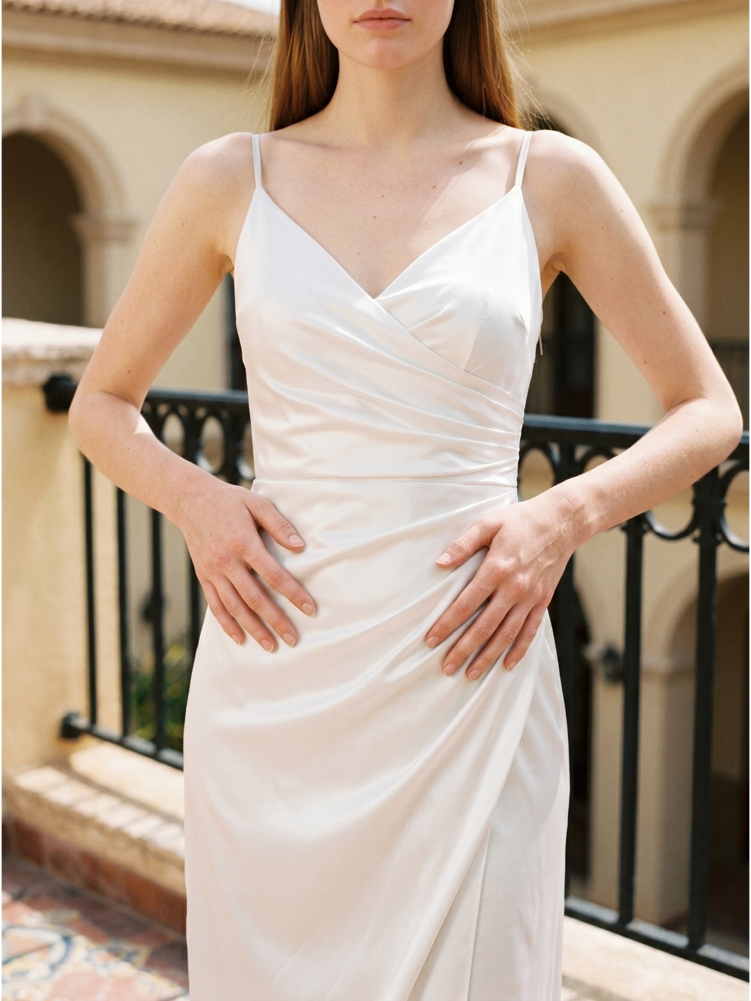 White Satin Sheath V-Neck Backless Tea-Length Pleated Bridesmaid Dress - Curvevia