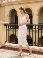 White Satin Sheath V-Neck Backless Tea-Length Pleated Bridesmaid Dress - Curvevia