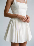White Stretch Crepe A-Line Square Neck Backless Short Homecoming Dress with Bow - Curvevia