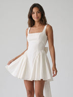 White Stretch Crepe A-Line Square Neck Backless Short Homecoming Dress with Bow - Curvevia