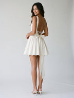 White Stretch Crepe A-Line Square Neck Backless Short Homecoming Dress with Bow - Curvevia