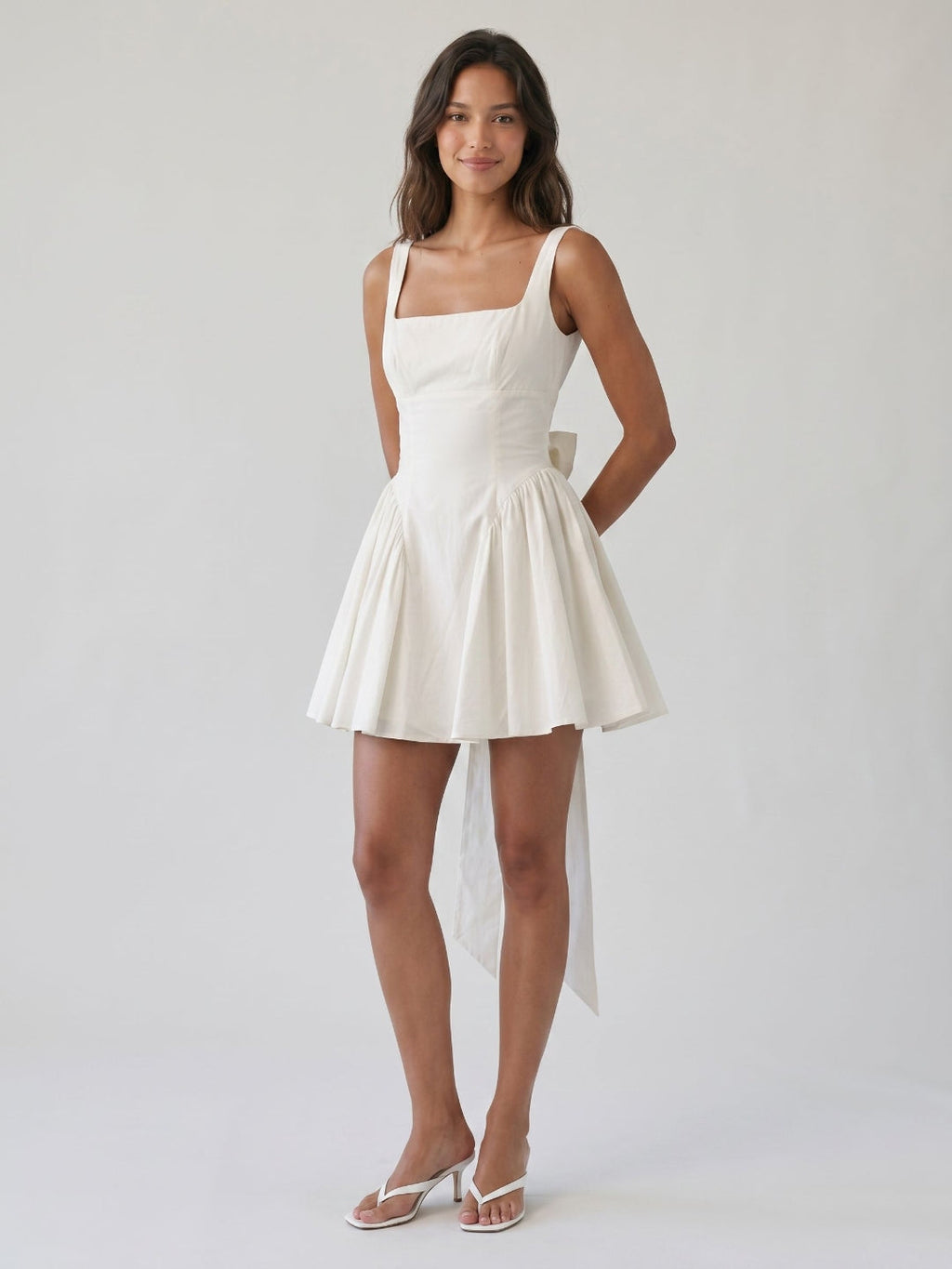 White Stretch Crepe A-Line Square Neck Backless Short Homecoming Dress with Bow - Curvevia