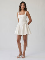 White Stretch Crepe A-Line Square Neck Backless Short Homecoming Dress with Bow - Curvevia