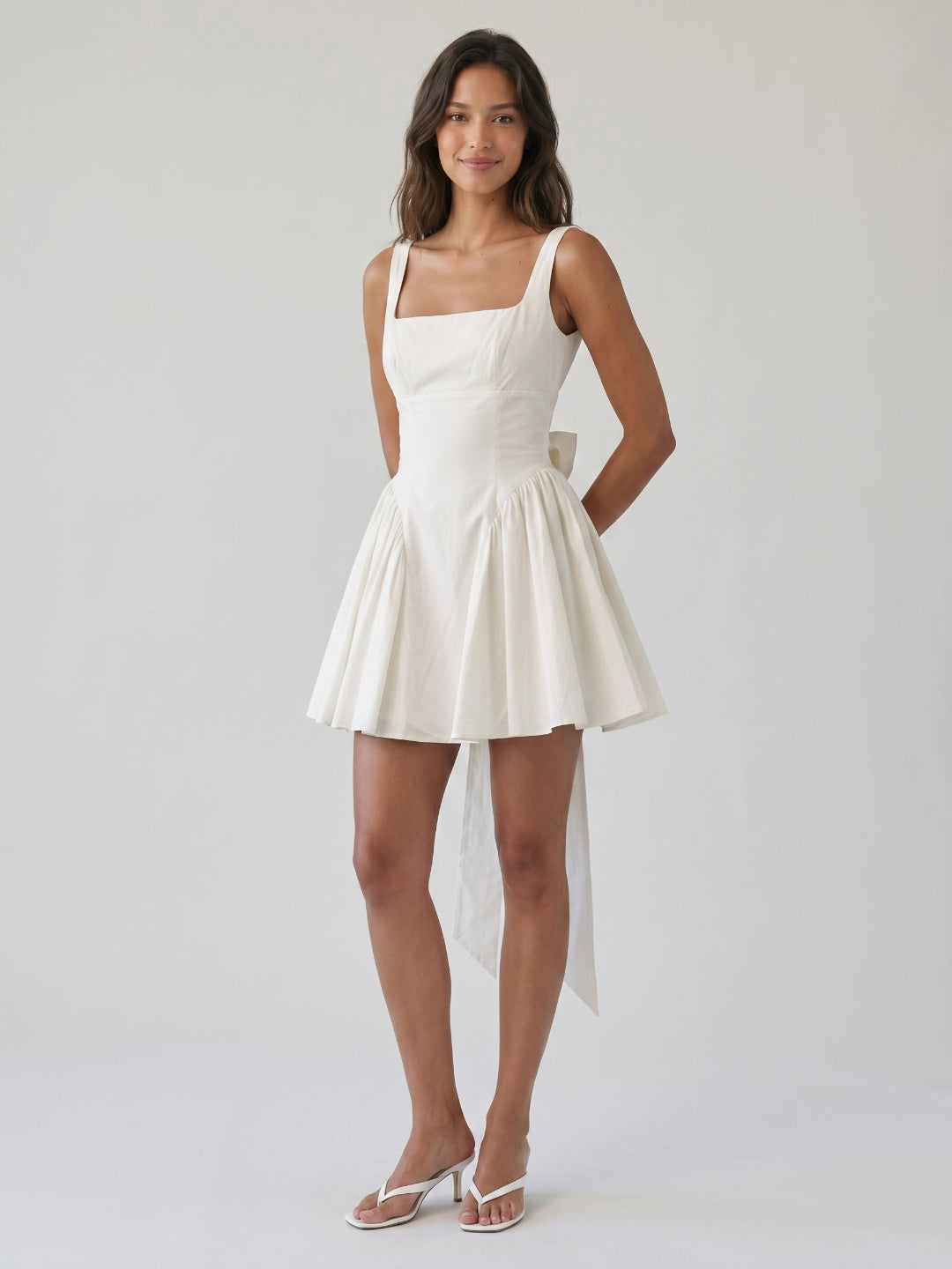 White Stretch Crepe A-Line Square Neck Backless Short Homecoming Dress with Bow - Curvevia