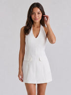 White Stretch Knit A-Line Halter Neckline Back Zip Short Evening Dress - Curvevia
