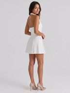 White Stretch Knit A-Line Halter Neckline Back Zip Short Evening Dress - Curvevia