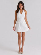 White Stretch Knit A-Line Halter Neckline Back Zip Short Evening Dress - Curvevia