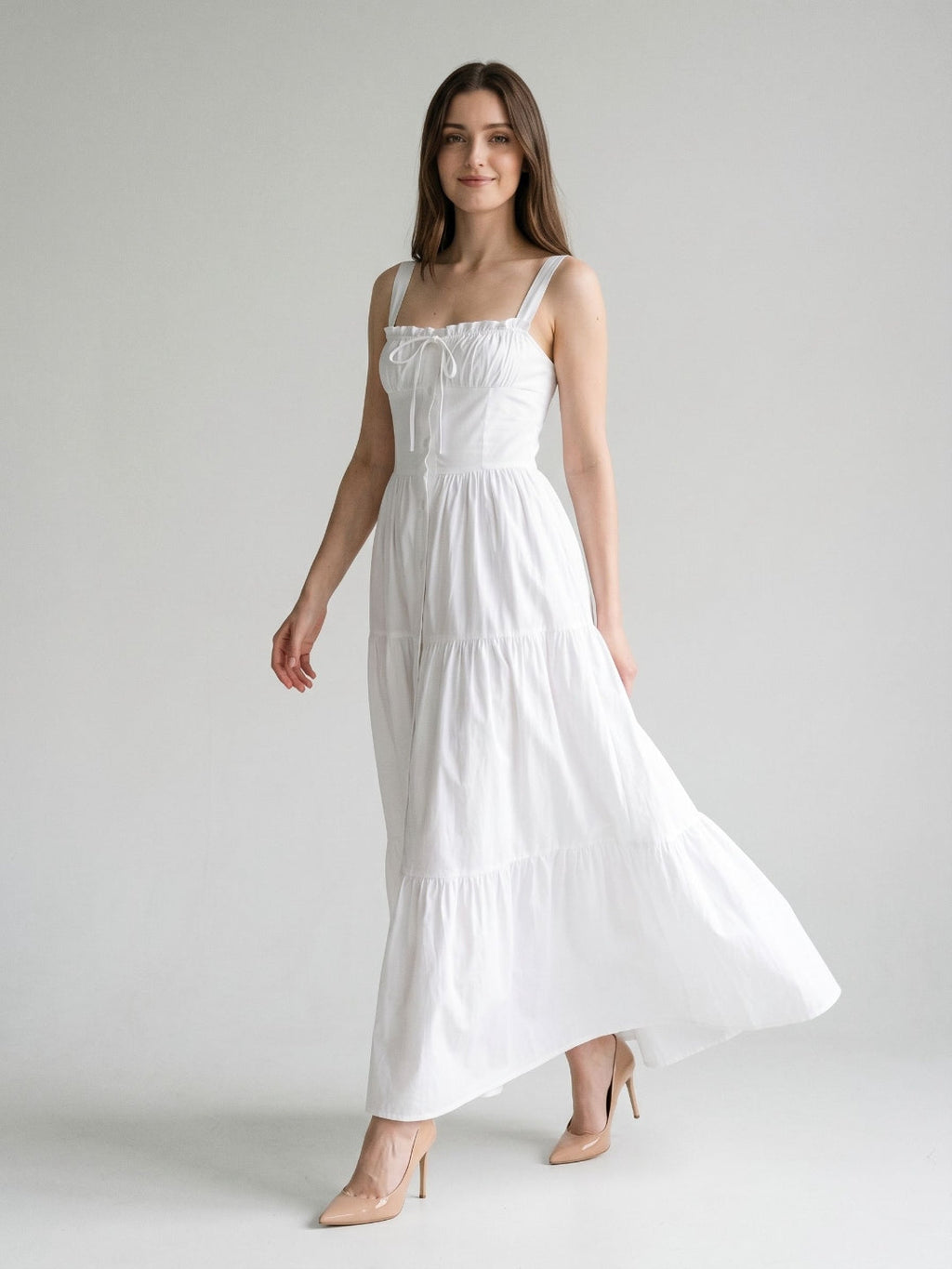 White Stretch Knit A-Line Square Neck Floor-Length Evening Dress - Curvevia