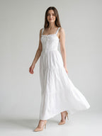 White Stretch Knit A-Line Square Neck Floor-Length Evening Dress - Curvevia