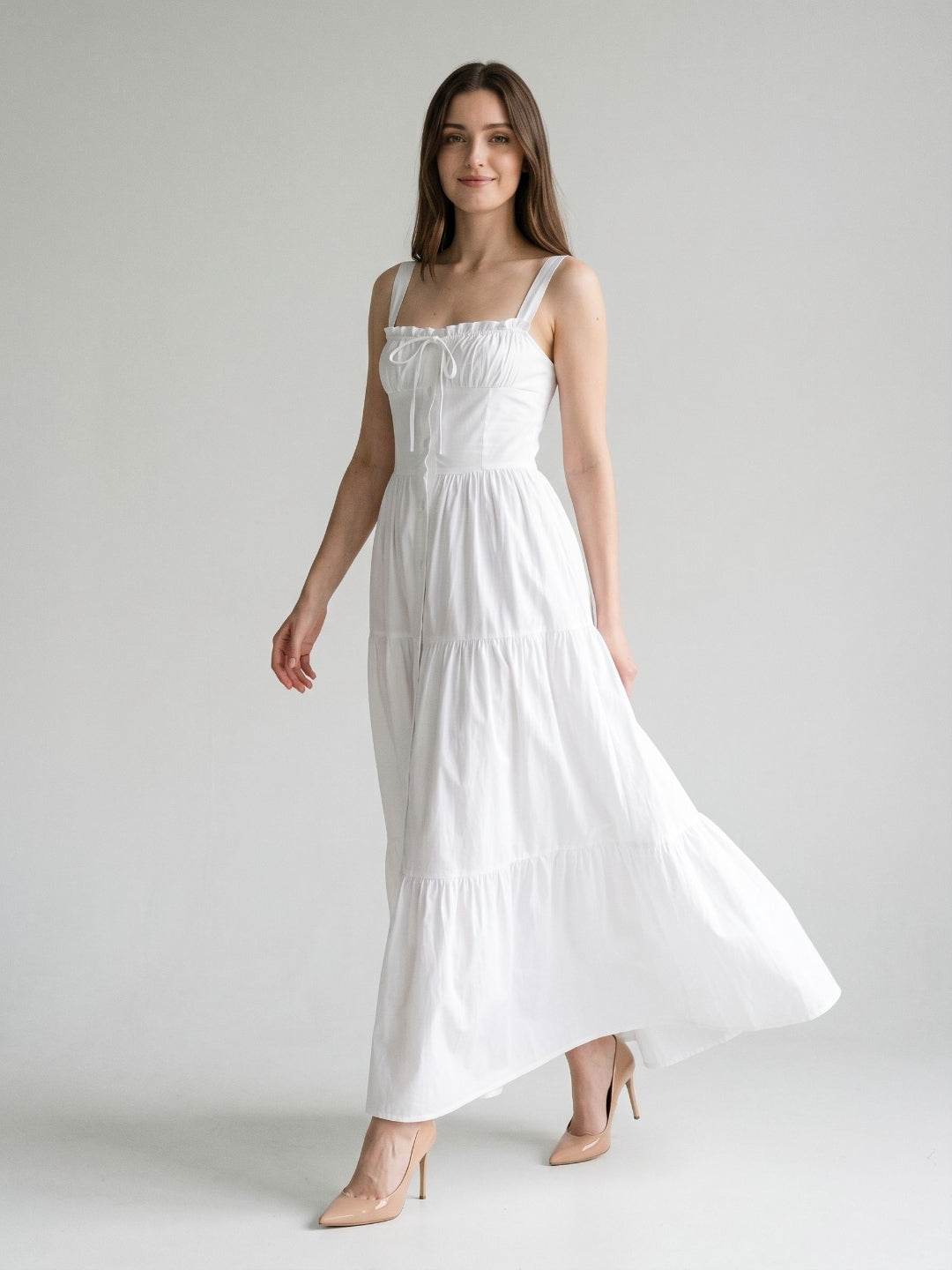 White Stretch Knit A-Line Square Neck Floor-Length Evening Dress - Curvevia