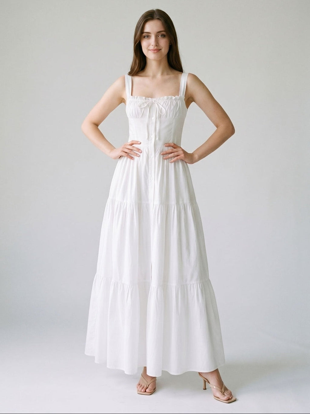 White Stretch Knit A-Line Square Neck Floor-Length Evening Dress - Curvevia