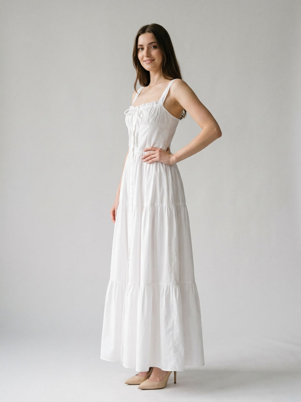 White Stretch Knit A-Line Square Neck Floor-Length Evening Dress - Curvevia