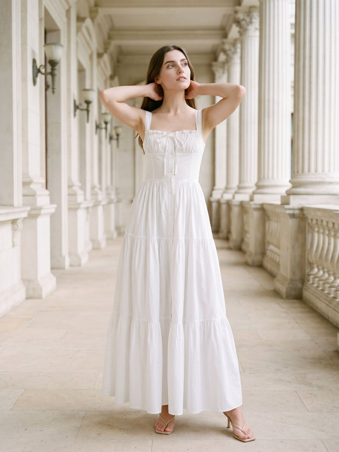 White Stretch Knit A-Line Square Neck Floor-Length Evening Dress - Curvevia