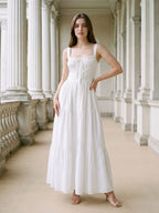 White Stretch Knit A-Line Square Neck Floor-Length Evening Dress - Curvevia