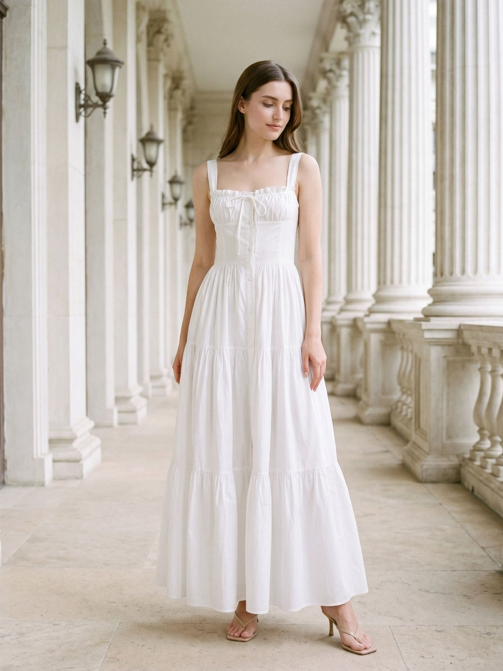 White Stretch Knit A-Line Square Neck Floor-Length Evening Dress - Curvevia