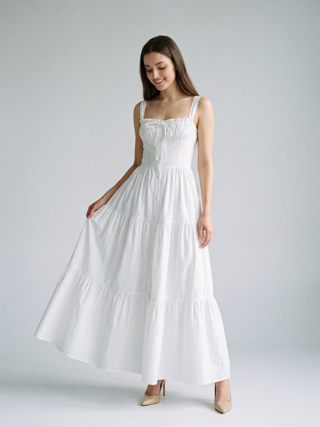 White Stretch Knit A-Line Square Neck Floor-Length Evening Dress - Curvevia