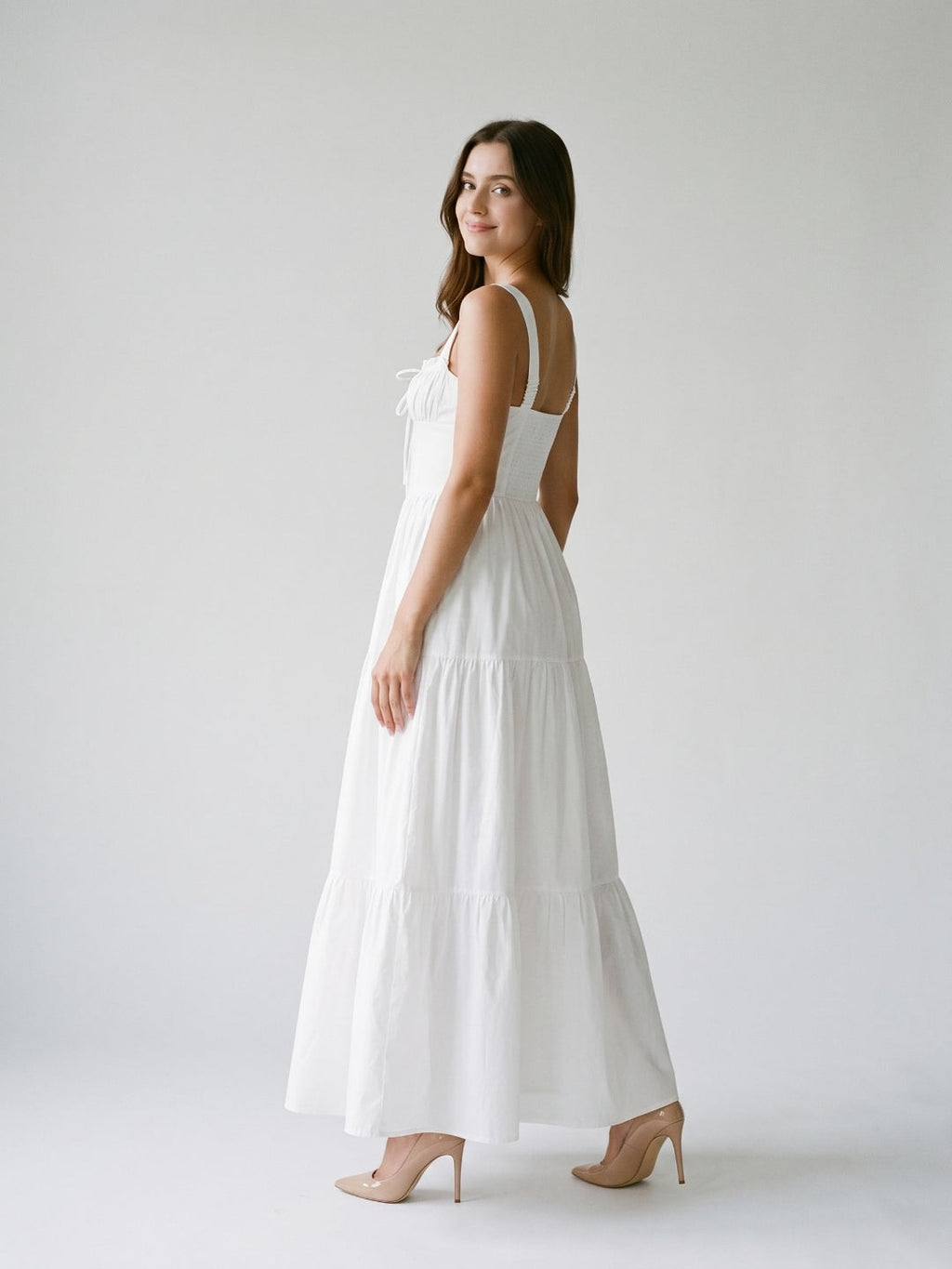 White Stretch Knit A-Line Square Neck Floor-Length Evening Dress - Curvevia