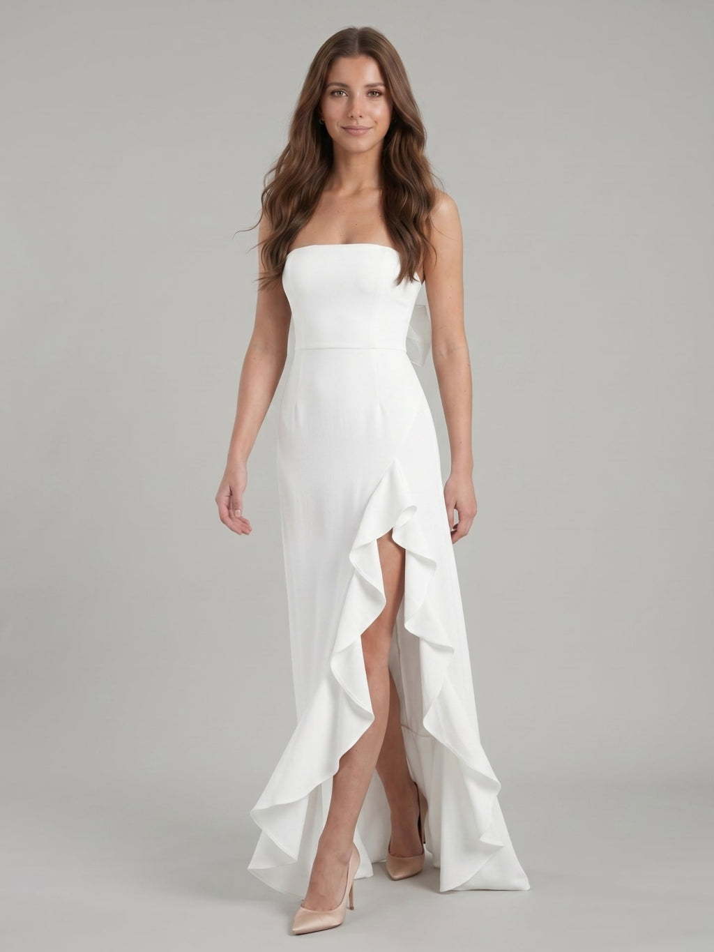 White Stretch Knit A-Line Straight Neck Backless Asymmetrical Bridesmaid Dress with Bow - Curvevia