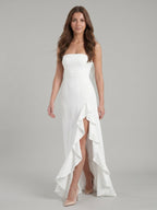 White Stretch Knit A-Line Straight Neck Backless Asymmetrical Bridesmaid Dress with Bow - Curvevia