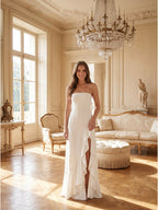 White Stretch Knit A-Line Straight Neck Backless Asymmetrical Bridesmaid Dress with Bow - Curvevia