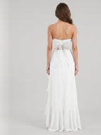 White Stretch Knit A-Line Straight Neck Backless Asymmetrical Bridesmaid Dress with Bow - Curvevia