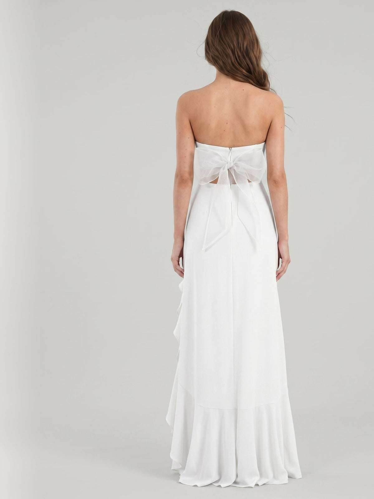 White Stretch Knit A-Line Straight Neck Backless Asymmetrical Bridesmaid Dress with Bow - Curvevia