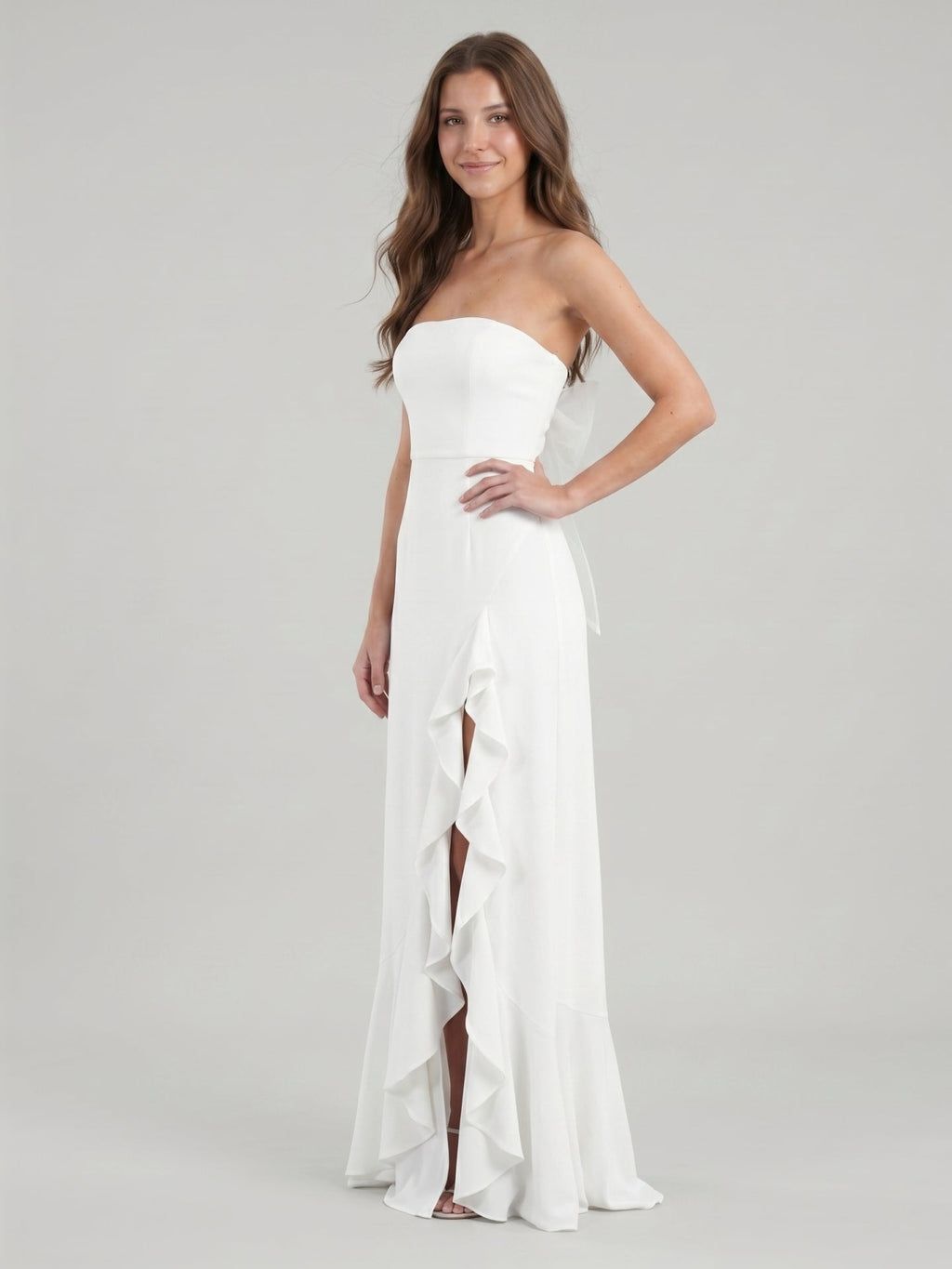 White Stretch Knit A-Line Straight Neck Backless Asymmetrical Bridesmaid Dress with Bow - Curvevia