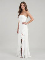 White Stretch Knit A-Line Straight Neck Backless Asymmetrical Bridesmaid Dress with Bow - Curvevia