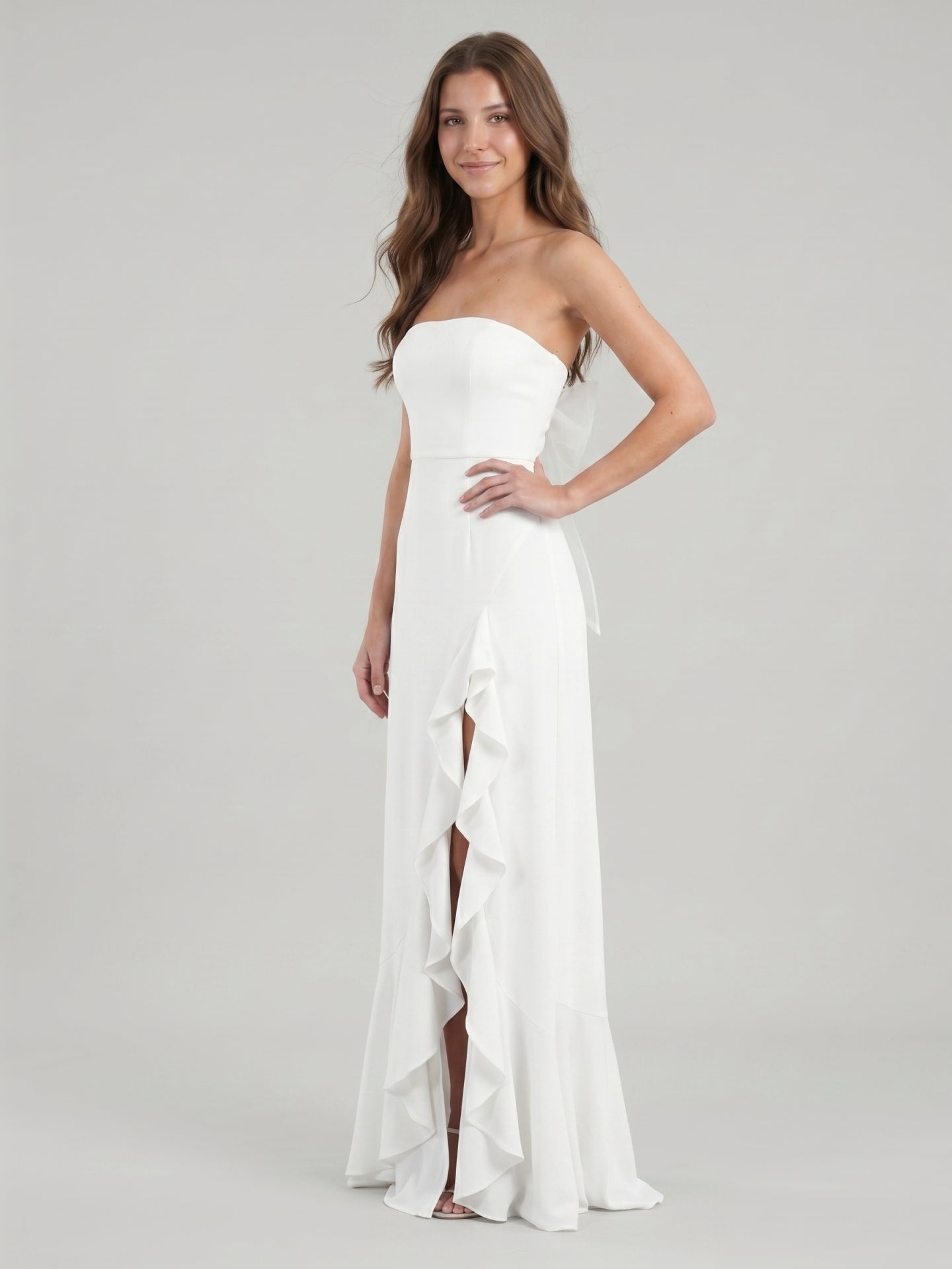 White Stretch Knit A-Line Straight Neck Backless Asymmetrical Bridesmaid Dress with Bow - Curvevia