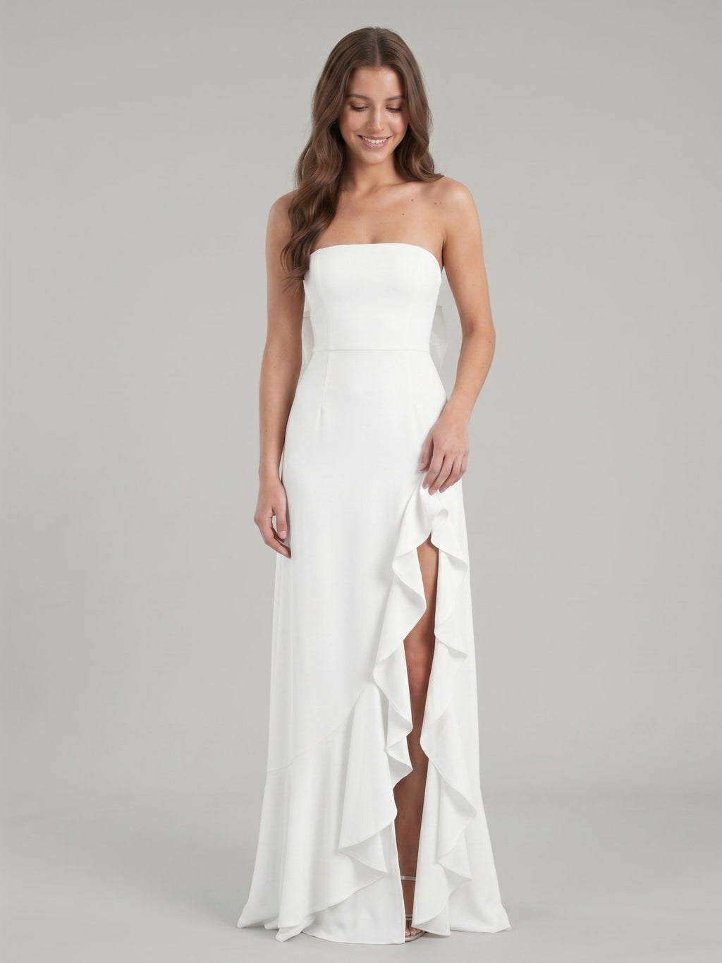 White Stretch Knit A-Line Straight Neck Backless Asymmetrical Bridesmaid Dress with Bow - Curvevia