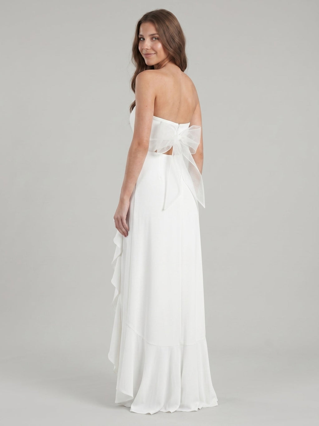 White Stretch Knit A-Line Straight Neck Backless Asymmetrical Bridesmaid Dress with Bow - Curvevia