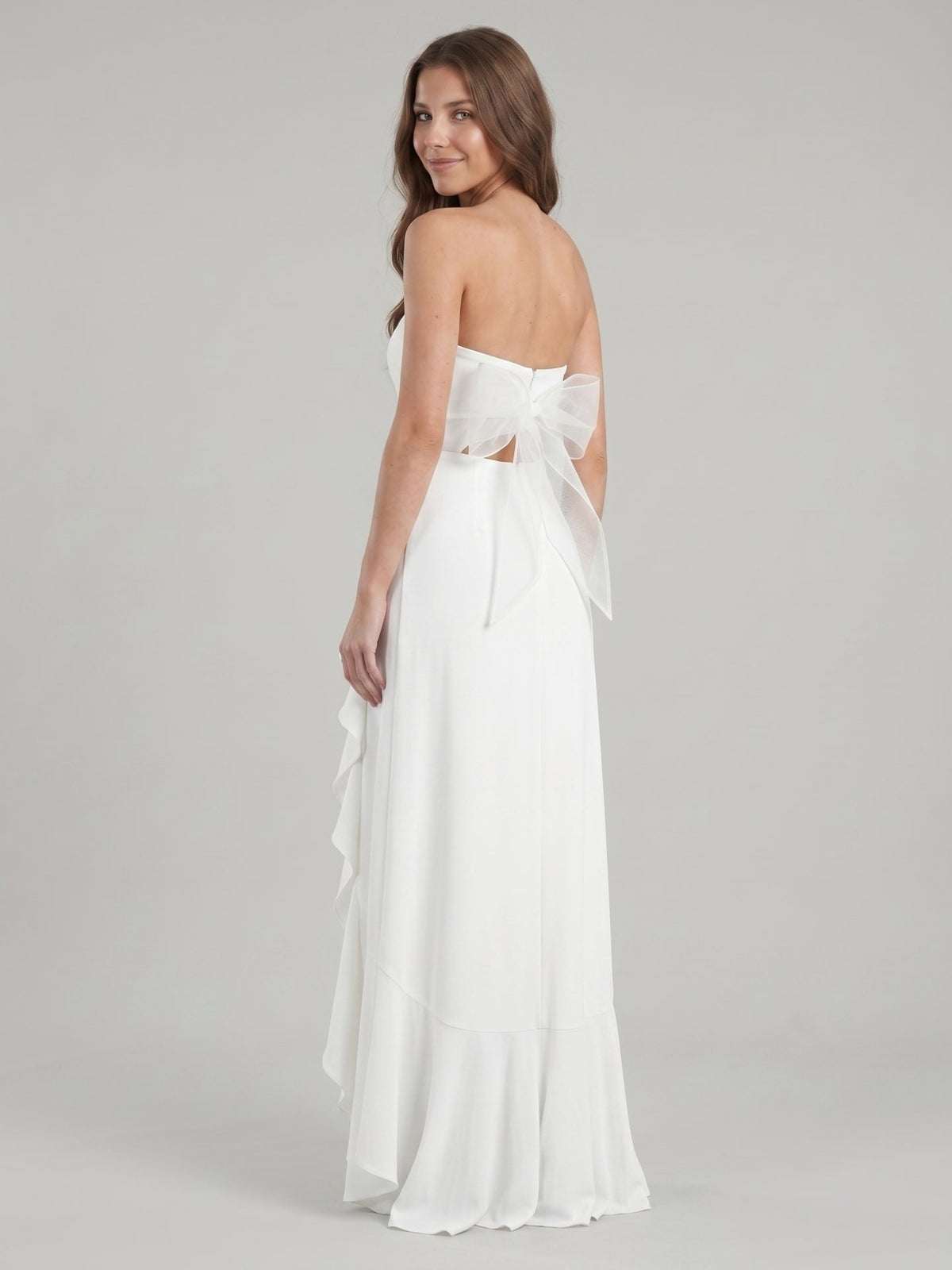 White Stretch Knit A-Line Straight Neck Backless Asymmetrical Bridesmaid Dress with Bow - Curvevia