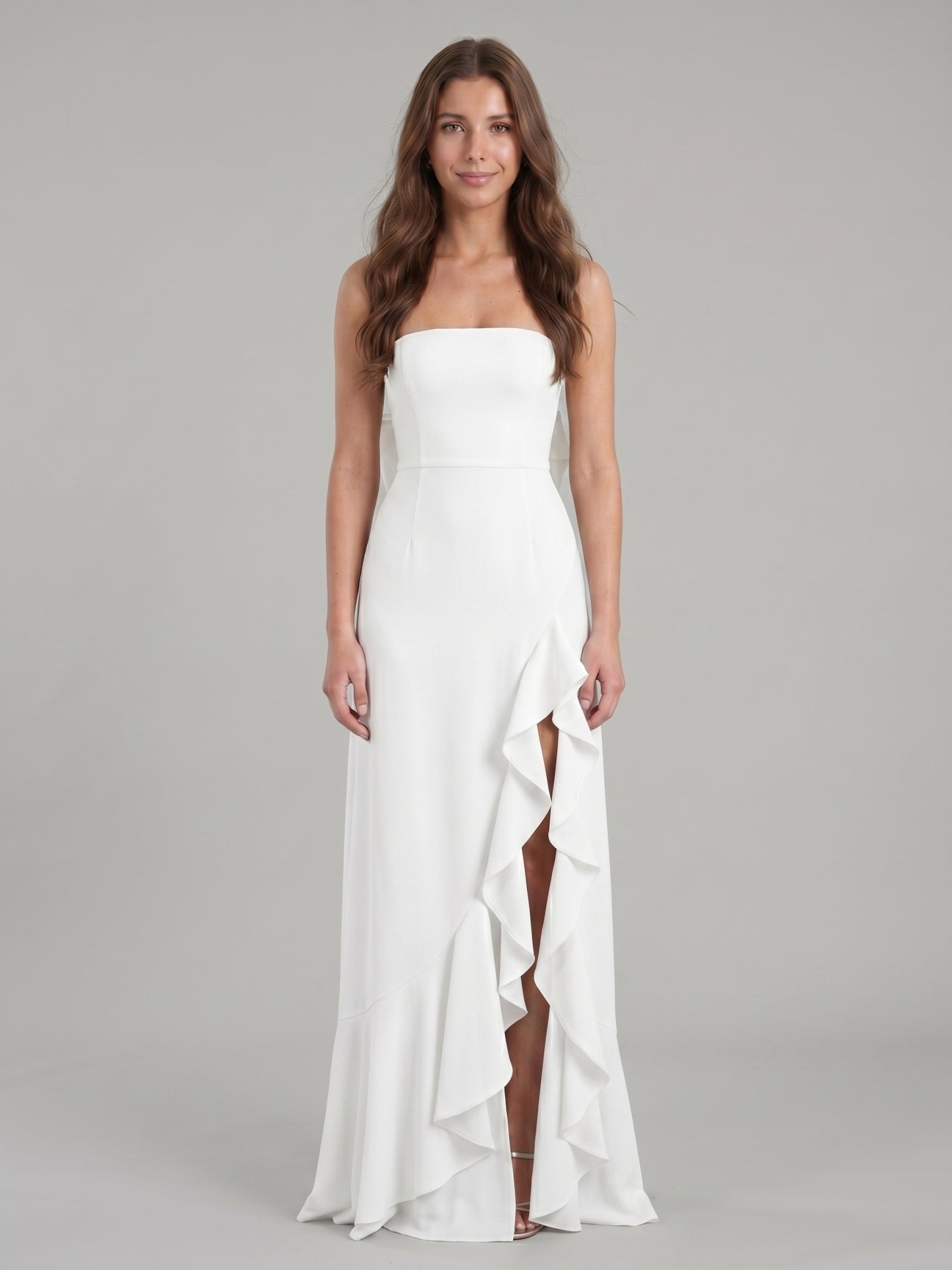 White Stretch Knit A-Line Straight Neck Backless Asymmetrical Bridesmaid Dress with Bow - Curvevia