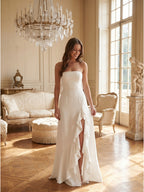 White Stretch Knit A-Line Straight Neck Backless Asymmetrical Bridesmaid Dress with Bow - Curvevia