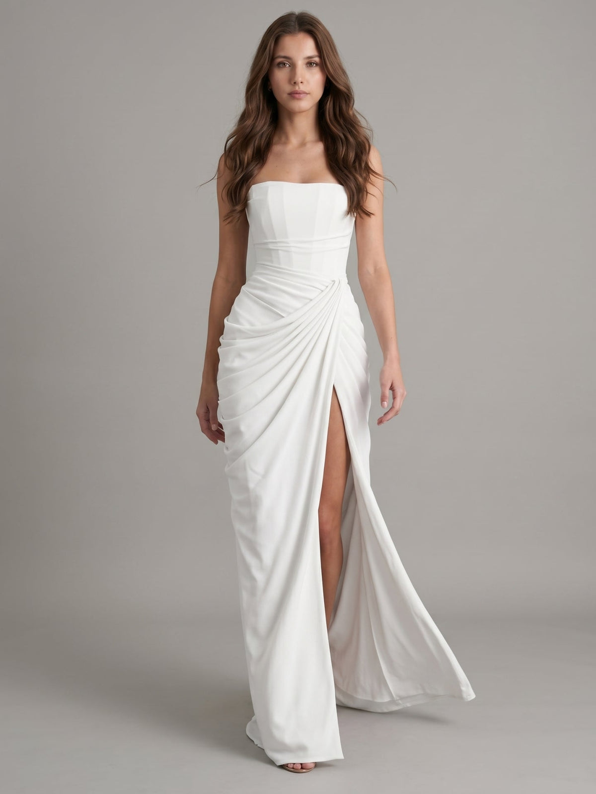 White Stretch Knit A-Line Straight Neck Corset Back Floor-Length Bridesmaid Dress with Pleats - Curvevia