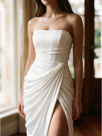 White Stretch Knit A-Line Straight Neck Corset Back Floor-Length Bridesmaid Dress with Pleats - Curvevia