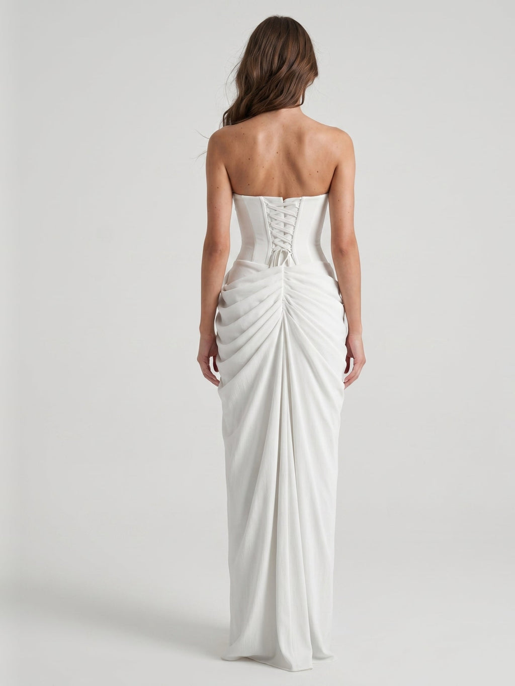 White Stretch Knit A-Line Straight Neck Corset Back Floor-Length Bridesmaid Dress with Pleats - Curvevia