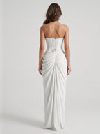 White Stretch Knit A-Line Straight Neck Corset Back Floor-Length Bridesmaid Dress with Pleats - Curvevia