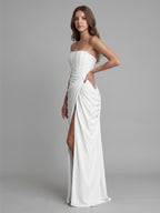White Stretch Knit A-Line Straight Neck Corset Back Floor-Length Bridesmaid Dress with Pleats - Curvevia
