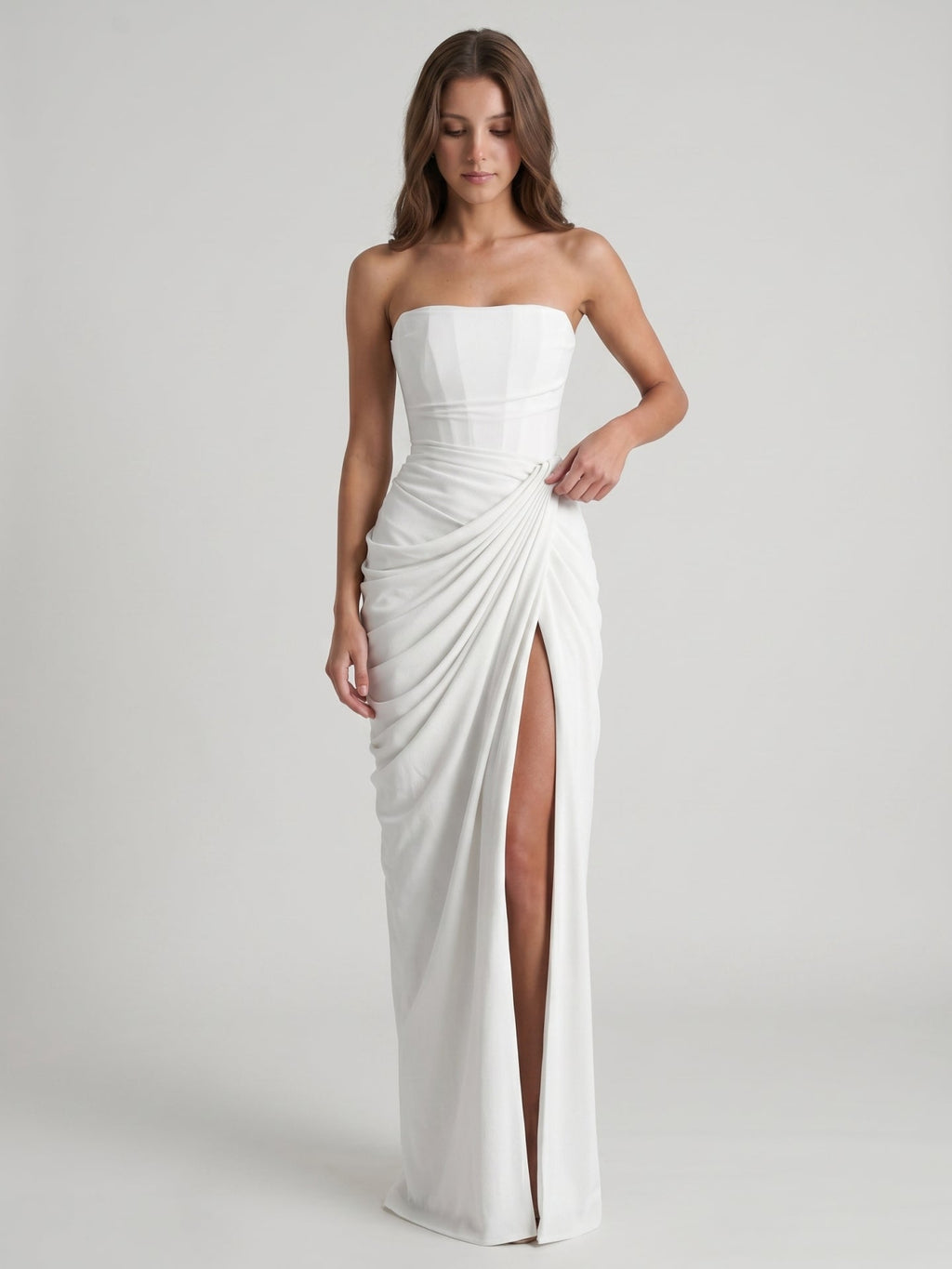 White Stretch Knit A-Line Straight Neck Corset Back Floor-Length Bridesmaid Dress with Pleats - Curvevia