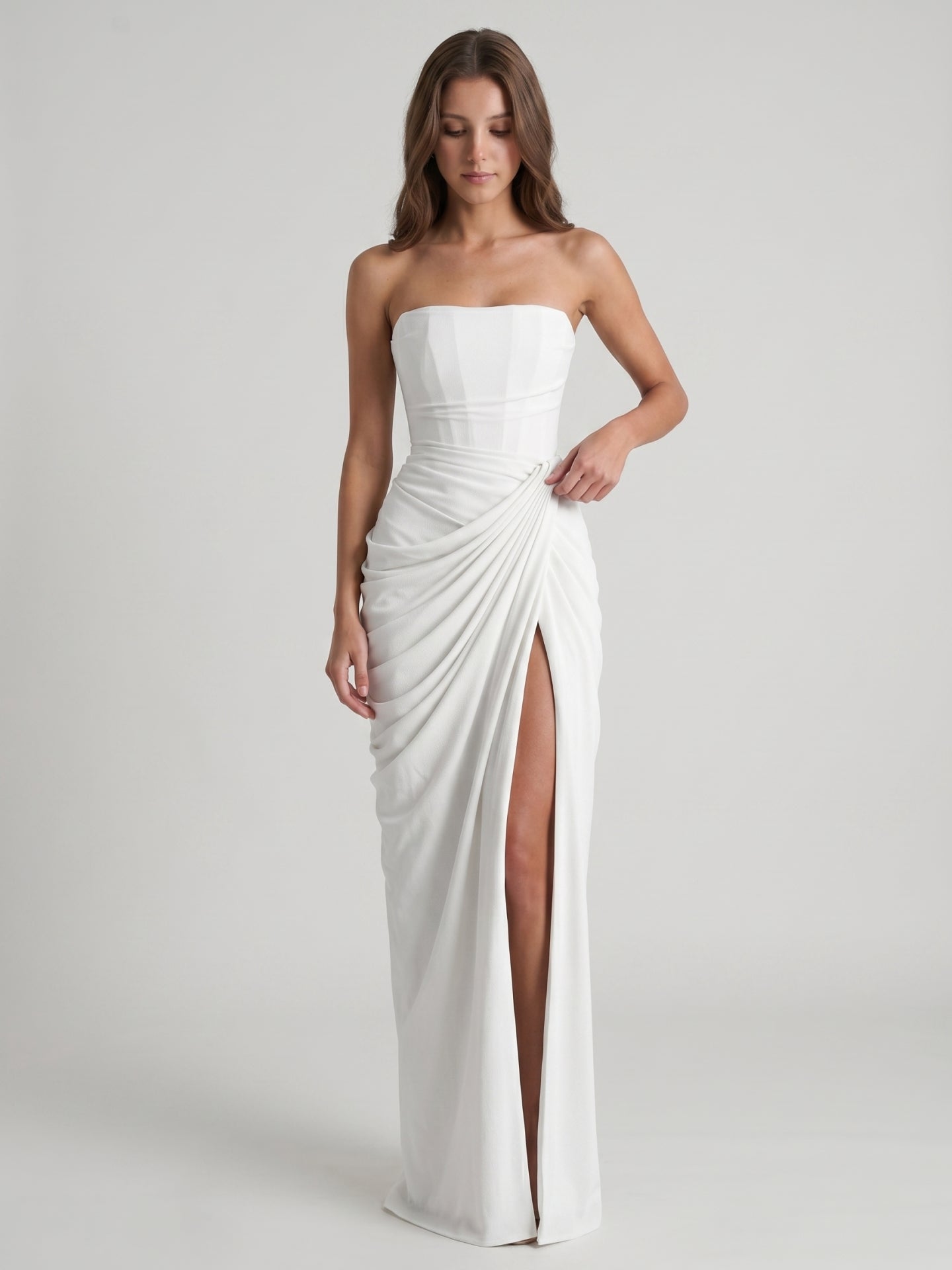 White Stretch Knit A-Line Straight Neck Corset Back Floor-Length Bridesmaid Dress with Pleats - Curvevia