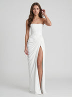 White Stretch Knit A-Line Straight Neck Corset Back Floor-Length Bridesmaid Dress with Pleats - Curvevia