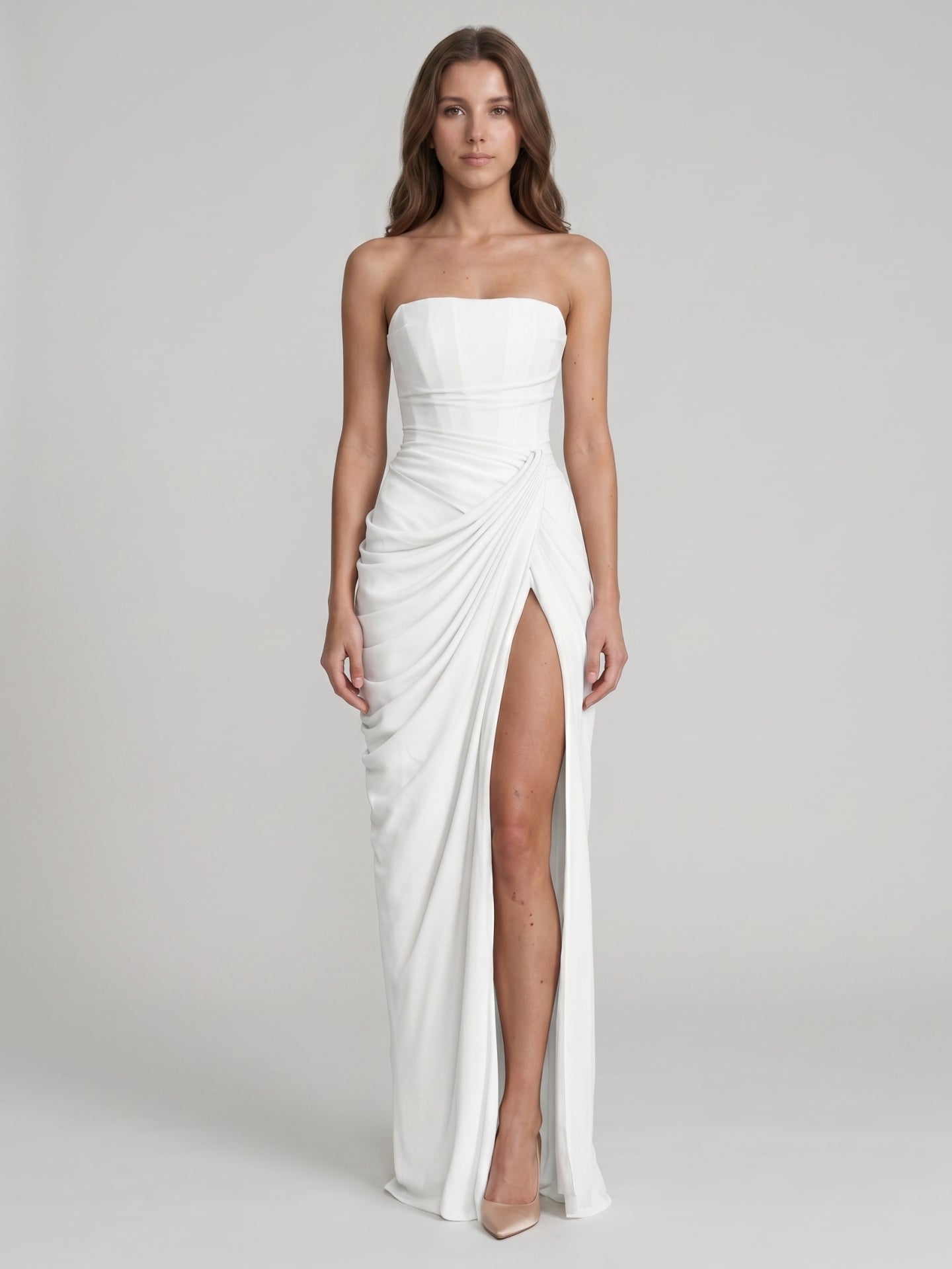 White Stretch Knit A-Line Straight Neck Corset Back Floor-Length Bridesmaid Dress with Pleats - Curvevia