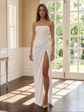 White Stretch Knit A-Line Straight Neck Corset Back Floor-Length Bridesmaid Dress with Pleats - Curvevia