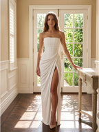 White Stretch Knit A-Line Straight Neck Corset Back Floor-Length Bridesmaid Dress with Pleats - Curvevia