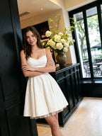 White Stretch Knit A-Line Sweetheart Back Zip Mini Homecoming Dress - Curvevia